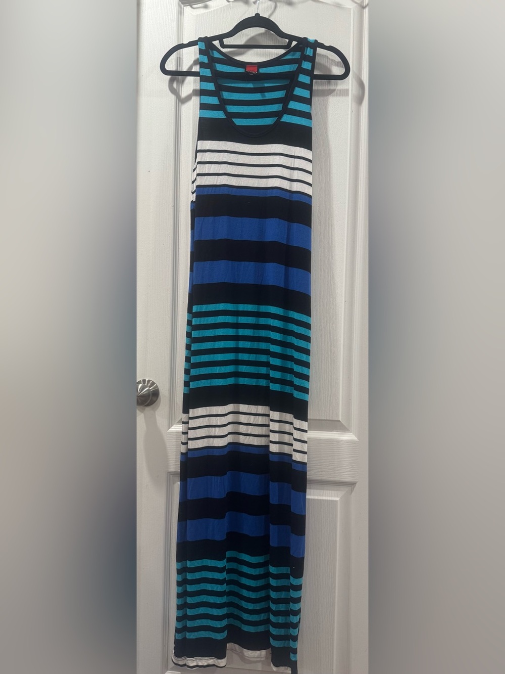 Lori Michaels Striped Maxi Dress in Blue, Teal, Black, and White